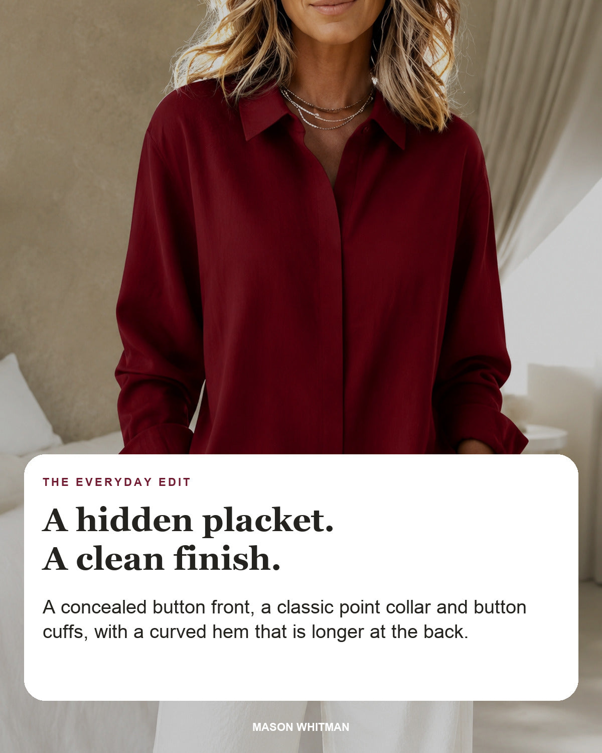 Raewyn blouse editorial card: point collar, concealed placket, button cuffs.