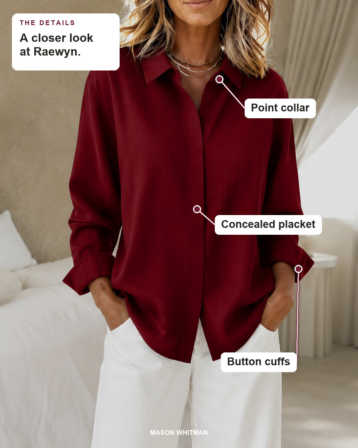 Raewyn blouse details: point collar, concealed placket, button cuffs.