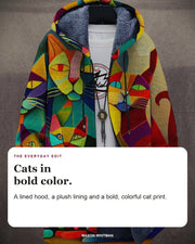 Rafferty cardigan editorial card: A lined hood, a plush lining and a bold, colorful cat print.