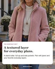 Rebecca styling card: A stand collar, full zip and side pockets. Pair with jeans and your favorite everyday layers.