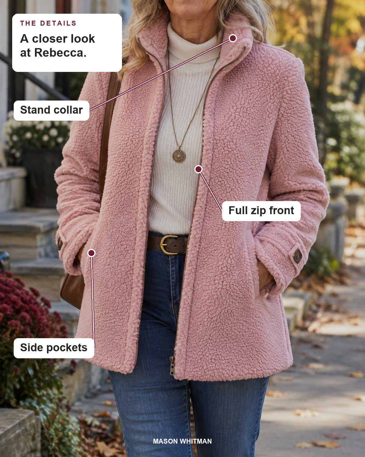Rebecca details: Stand collar, Full zip front, Side pockets.