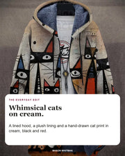 Reuben jacket editorial card: A lined hood, a plush lining and a hand-drawn cat print in cream, black and red.
