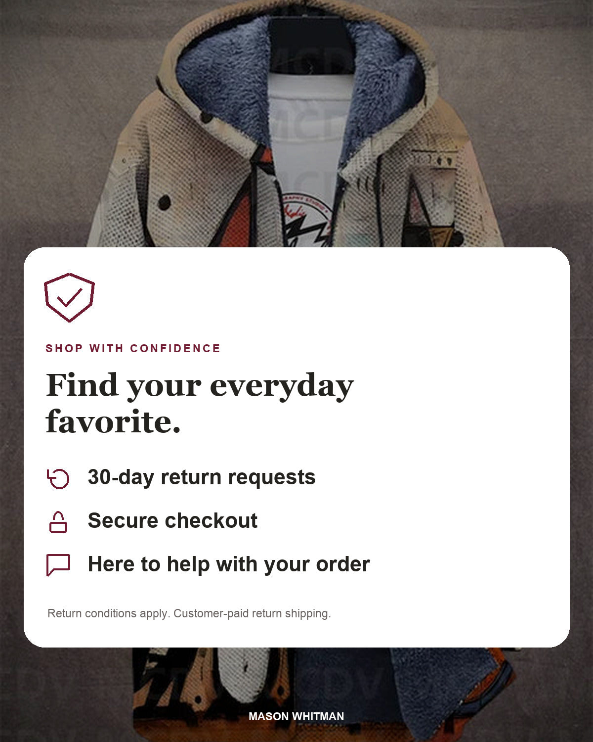 Mason Whitman shopping information: 30-day return requests, secure checkout and customer support. Conditions and customer-paid return shipping apply.