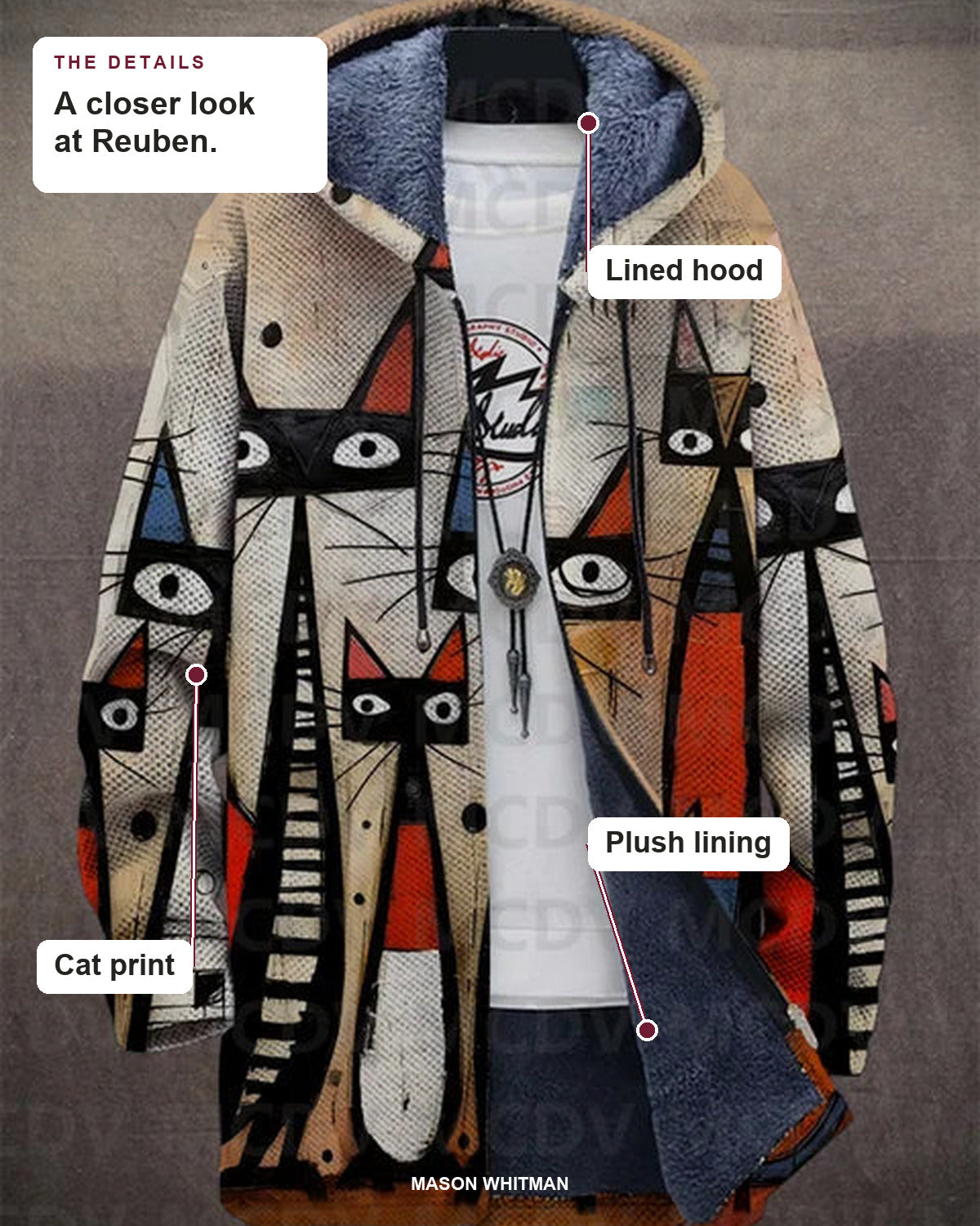 Reuben details: lined hood, plush lining and cat print.