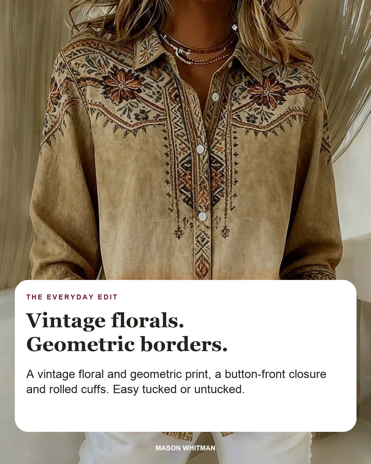 Rexanna blouse editorial card: floral border print, button front, rolled cuffs.