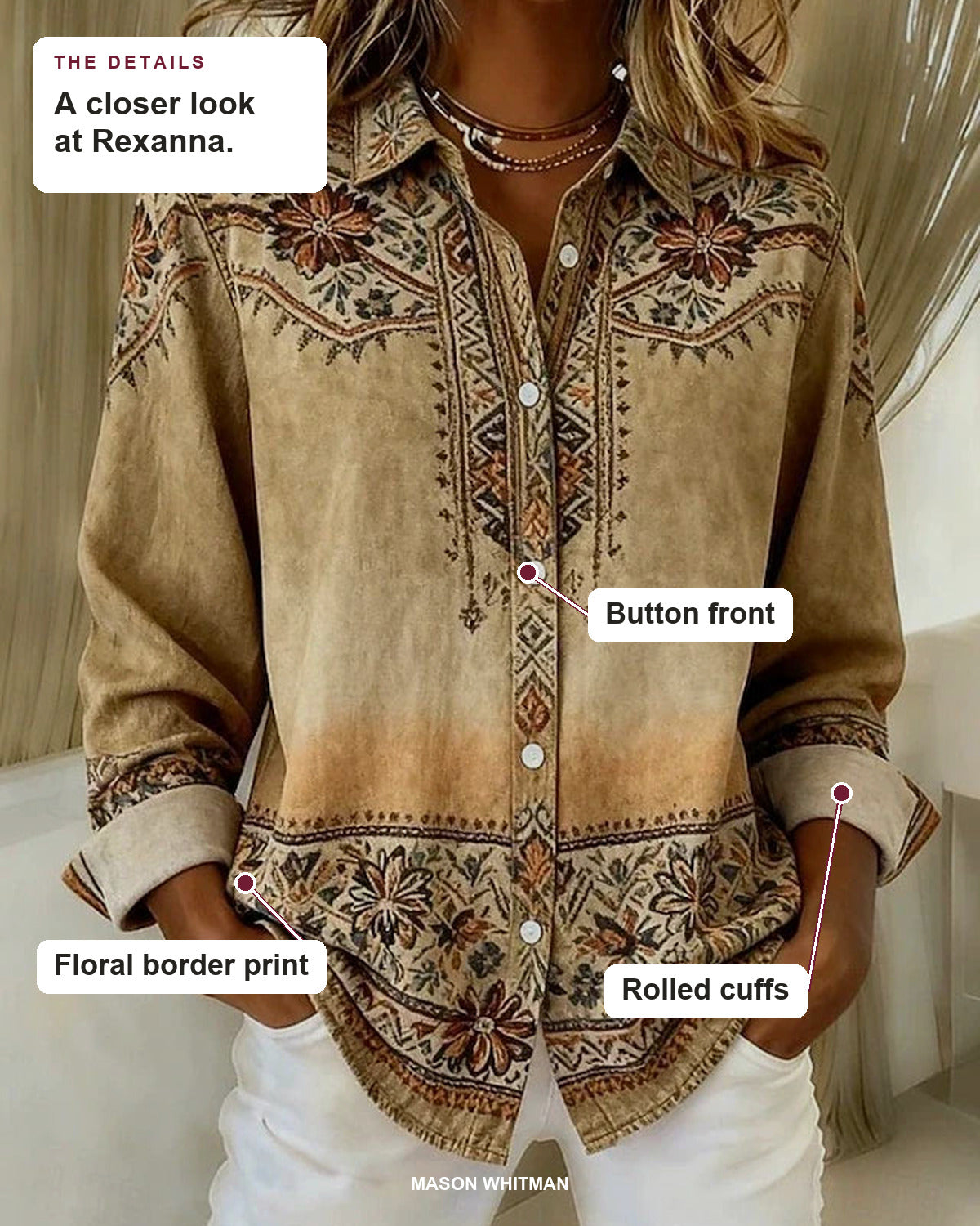 Rexanna blouse details: floral border print, button front, rolled cuffs.