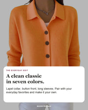 Riah editorial styling card: Lapel collar, Button front, Long sleeves.