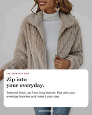 Roberta editorial styling card: Textured finish, Zip front, Long sleeves.