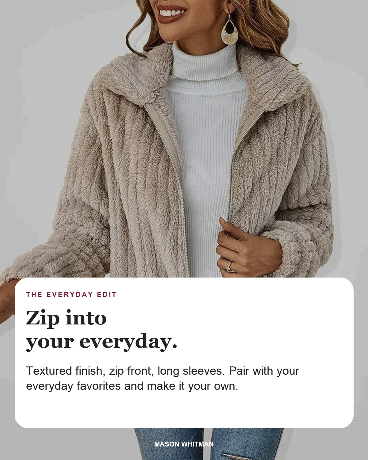 Roberta editorial styling card: Textured finish, Zip front, Long sleeves.