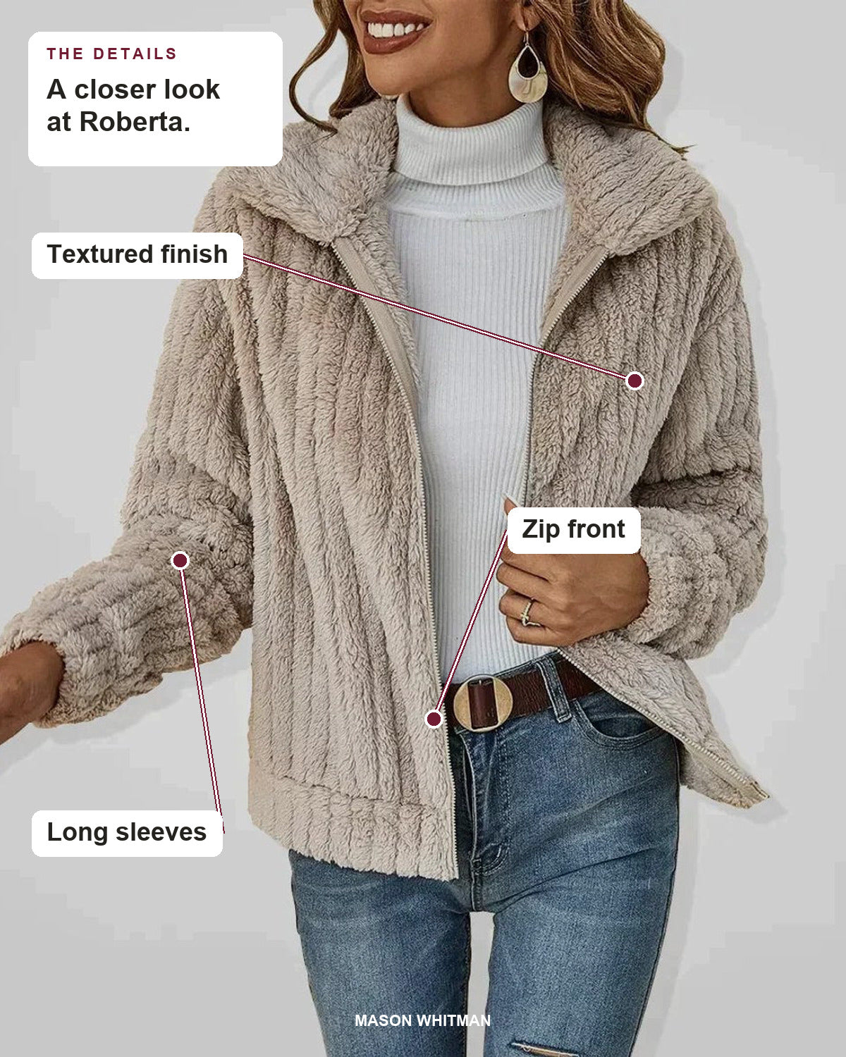 Roberta details: Textured finish, Zip front, Long sleeves.