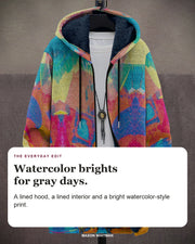 Roland cardigan editorial card: A lined hood, a lined interior and a bright watercolor-style print.