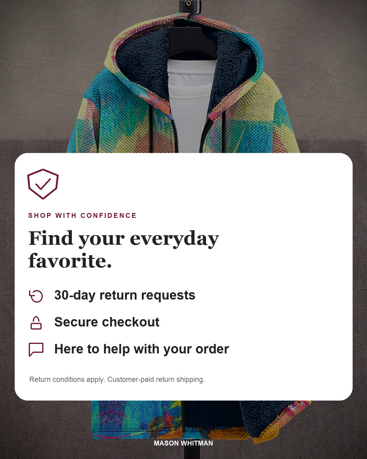 Mason Whitman shopping information: 30-day return requests, secure checkout and customer support. Conditions and customer-paid return shipping apply.