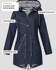 Rosalind coat details: striped-lined hood, full-length zip, drawstring waist.