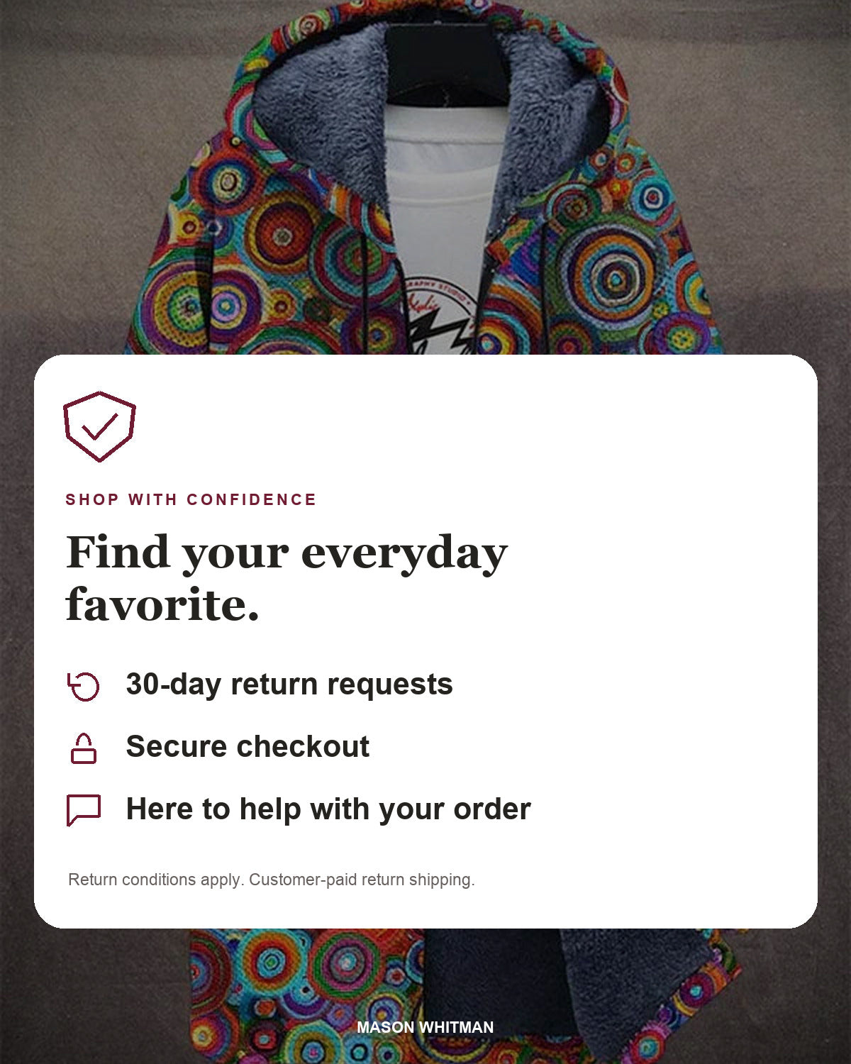 Mason Whitman shopping information: 30-day return requests, secure checkout and customer support. Conditions and customer-paid return shipping apply.