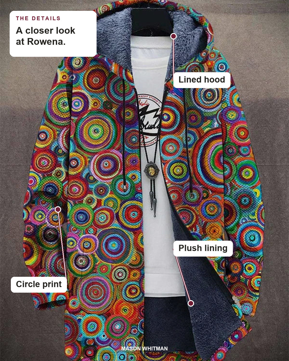 Rowena details: lined hood, plush lining and circle print.