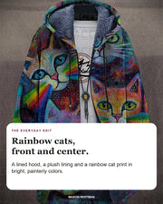 Rowland cardigan editorial card: A lined hood, a plush lining and a rainbow cat print in bright, painterly colors.