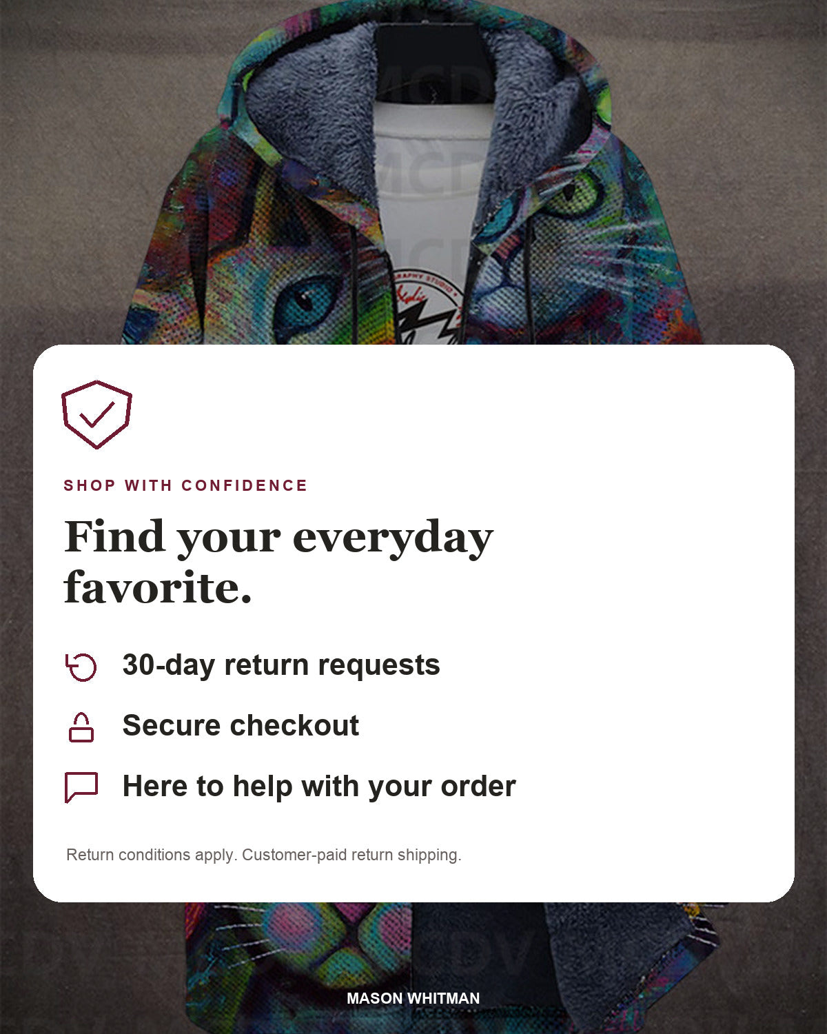 Mason Whitman shopping information: 30-day return requests, secure checkout and customer support. Conditions and customer-paid return shipping apply.