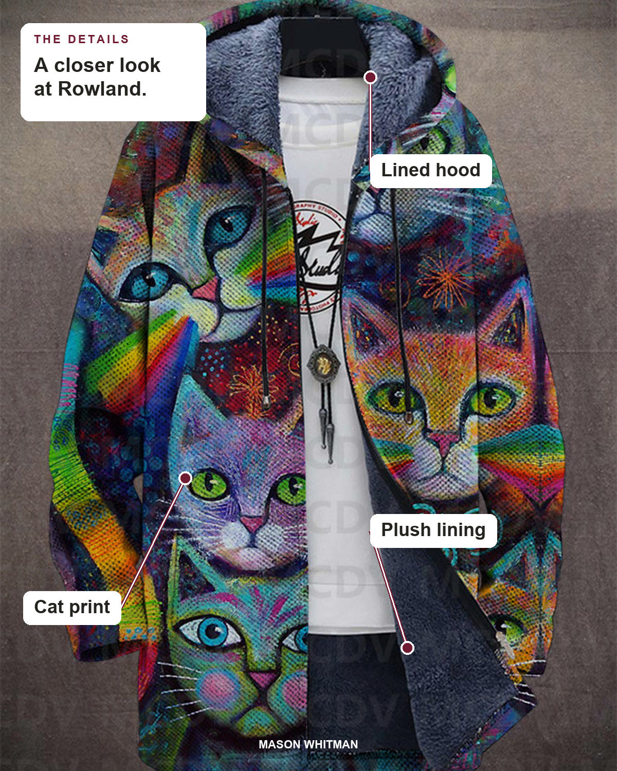 Rowland details: lined hood, plush lining and cat print.