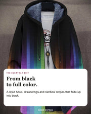 Ruby hoodie editorial card: A lined hood, drawstrings and rainbow stripes that fade up into black.