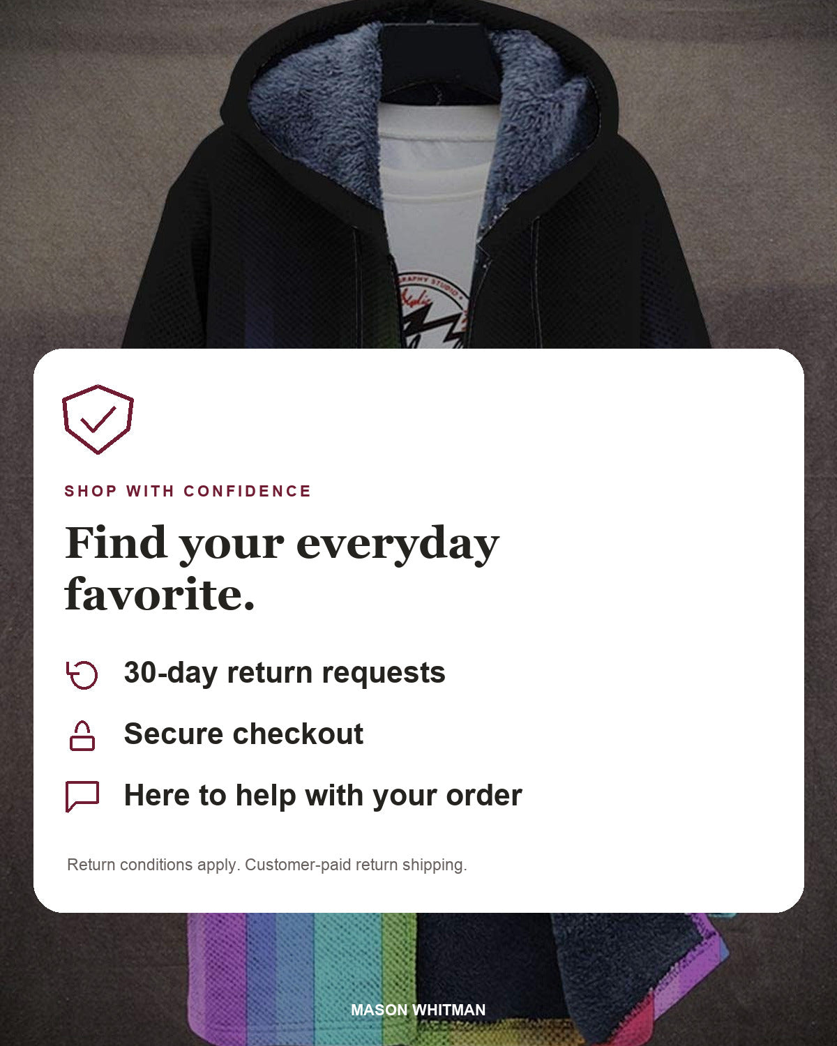 Mason Whitman shopping information: 30-day return requests, secure checkout and customer support. Conditions and customer-paid return shipping apply.