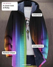 Ruby details: lined hood, lined interior and rainbow stripes.