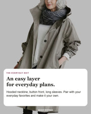 Ruth editorial styling card: Hooded neckline, Button front, Long sleeves.