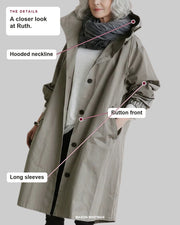 Ruth details: Hooded neckline, Button front, Long sleeves.
