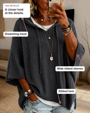 Sabine sweater details: drawstring hood, wide ribbed sleeves, ribbed hem.