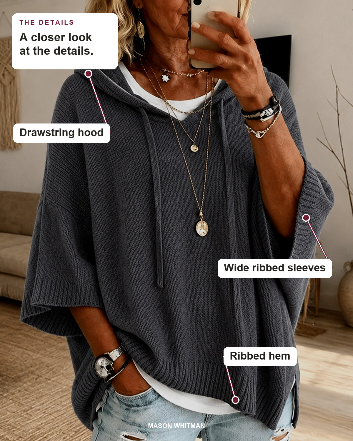 Sabine sweater details: drawstring hood, wide ribbed sleeves, ribbed hem.