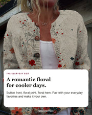 Sabrina editorial styling card: Button front, Floral print, Floral hem.