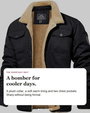 Sawyer jacket editorial card: plush collar, chest pockets, soft lining.