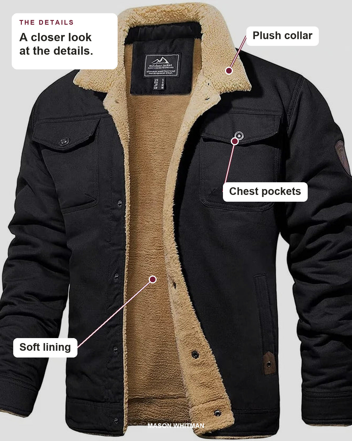 Sawyer jacket details: plush collar, chest pockets, soft lining.