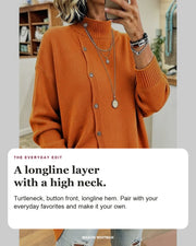 Sharon editorial styling card: Turtleneck, Button front, Longline hem.