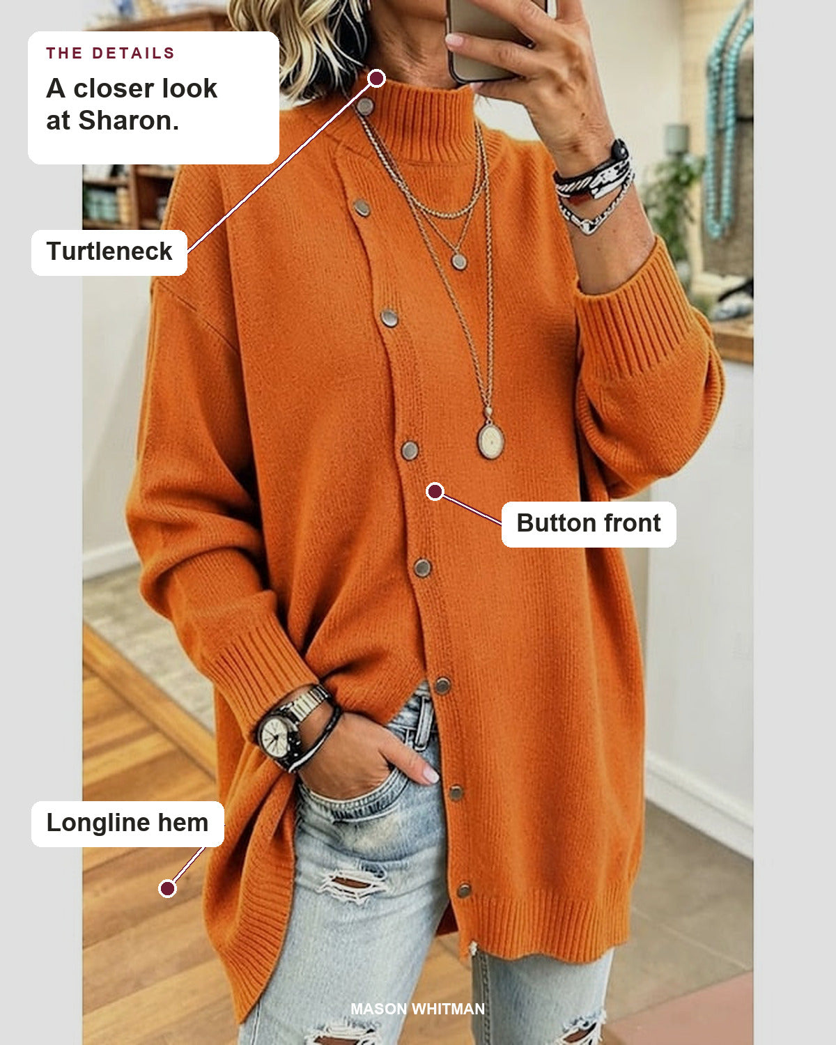 Sharon details: Turtleneck, Button front, Longline hem.