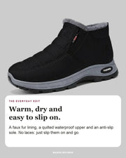 Sianna black ankle boot with editorial text about its faux fur lining, quilted waterproof upper and anti-slip sole.