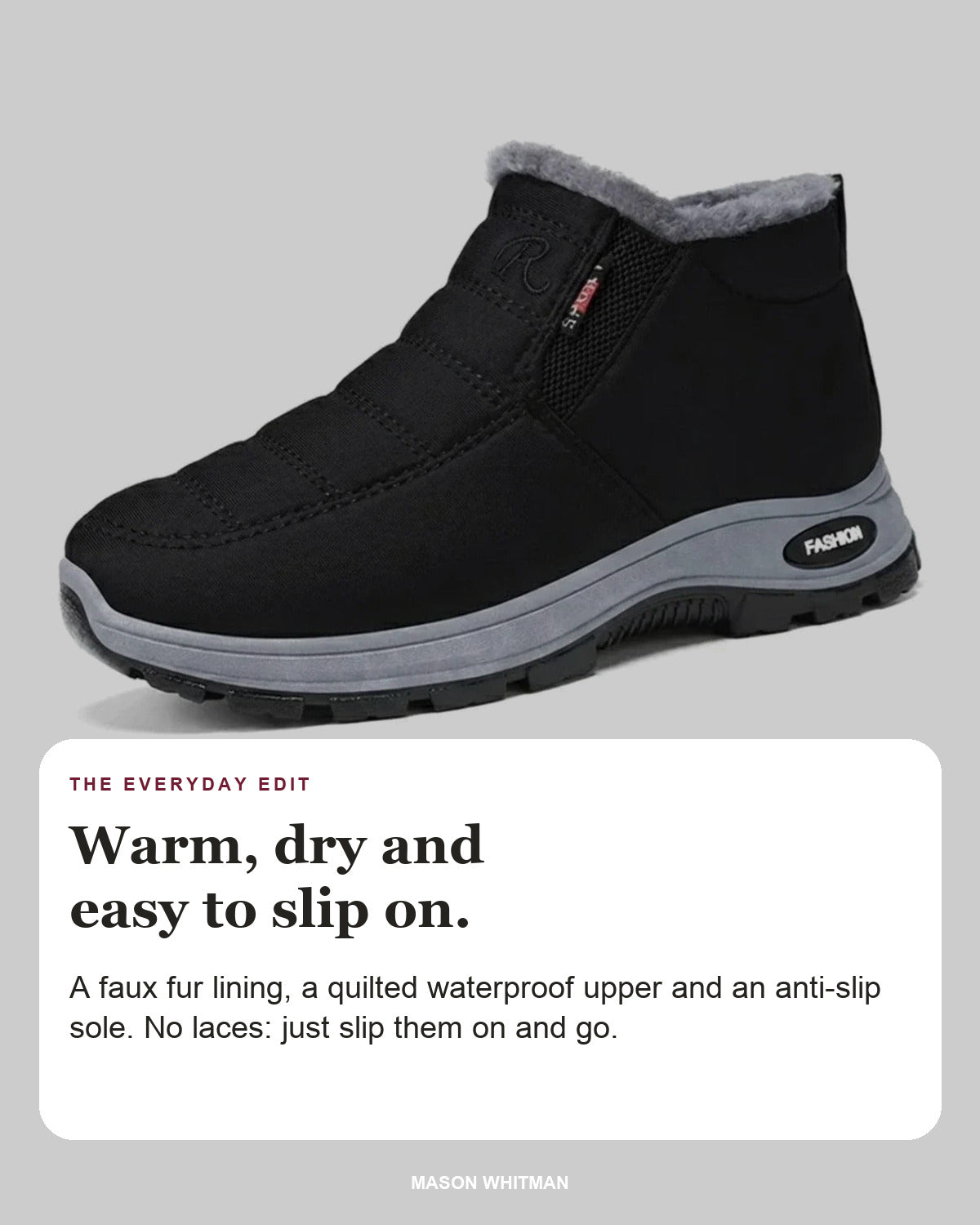 Sianna black ankle boot with editorial text about its faux fur lining, quilted waterproof upper and anti-slip sole.