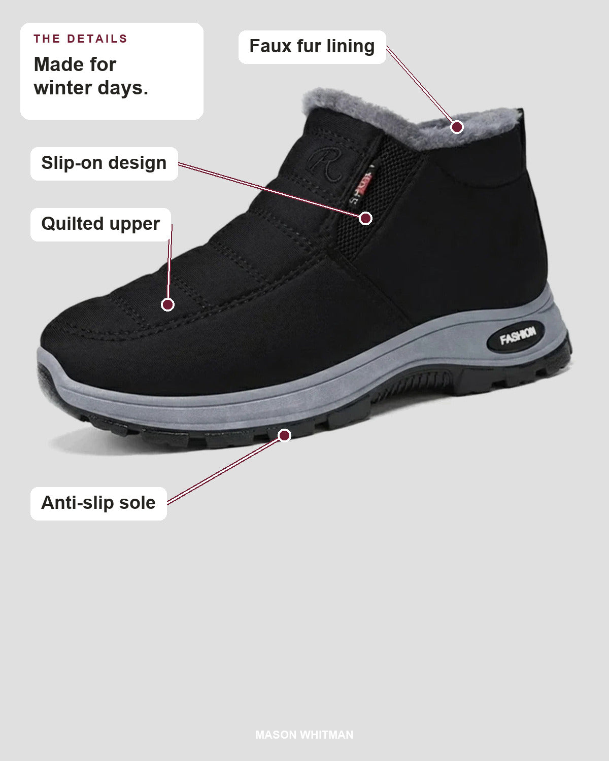 Sianna ankle boot showing its faux fur lining, slip-on side panel, quilted upper and anti-slip sole.
