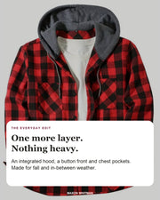 Silas jacket editorial card: integrated hood, chest pocket, button front.