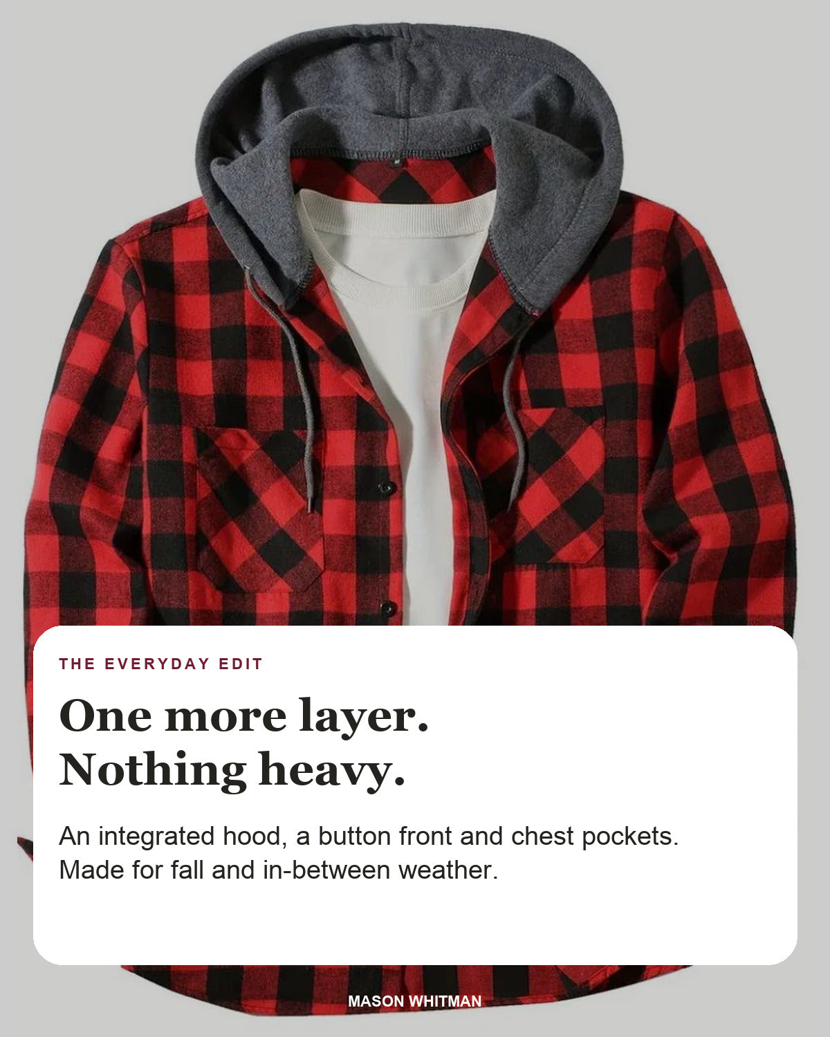 Silas jacket editorial card: integrated hood, chest pocket, button front.