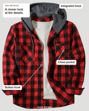 Silas jacket details: integrated hood, chest pocket, button front.