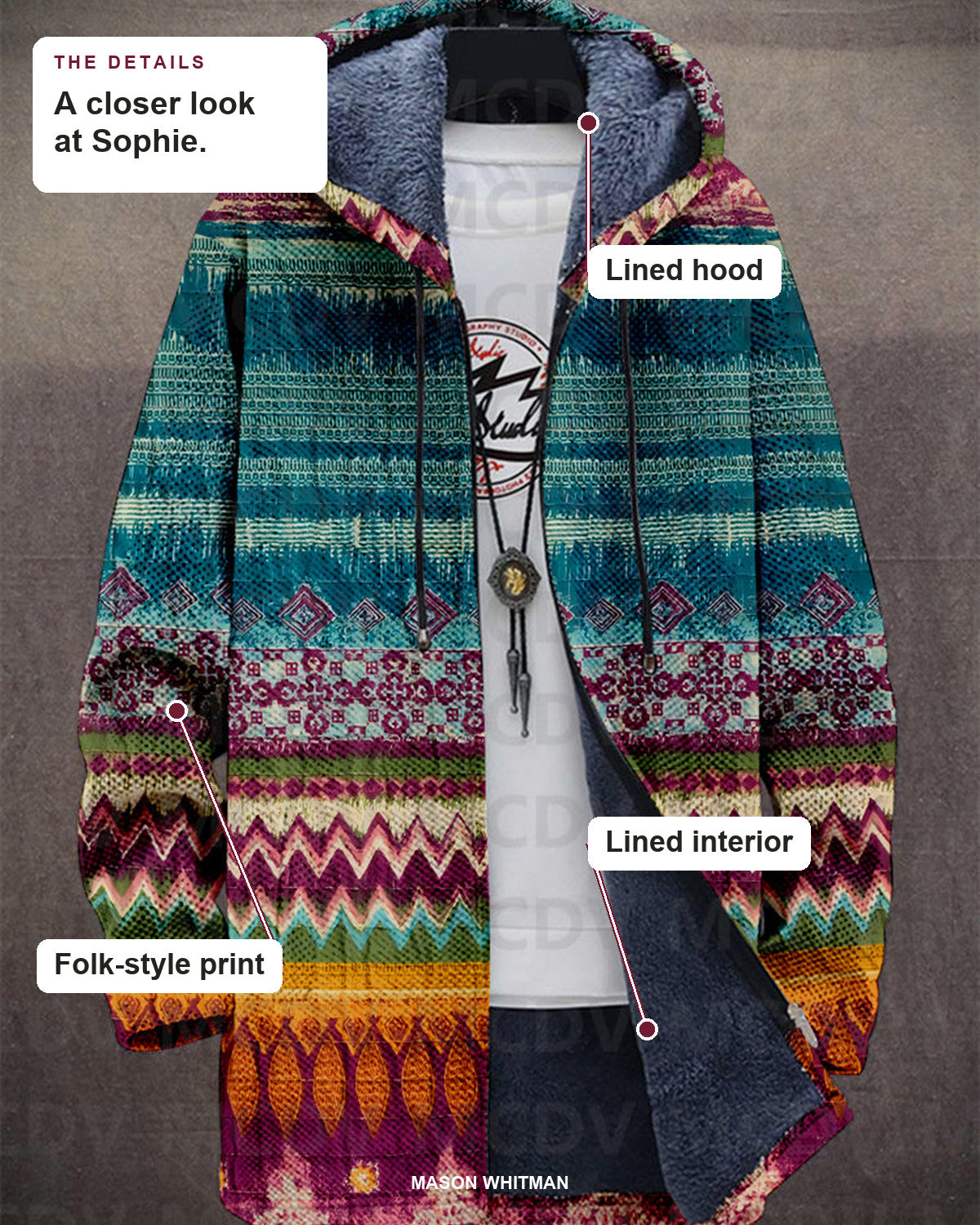Sophie details: lined hood, lined interior and folk-style print.