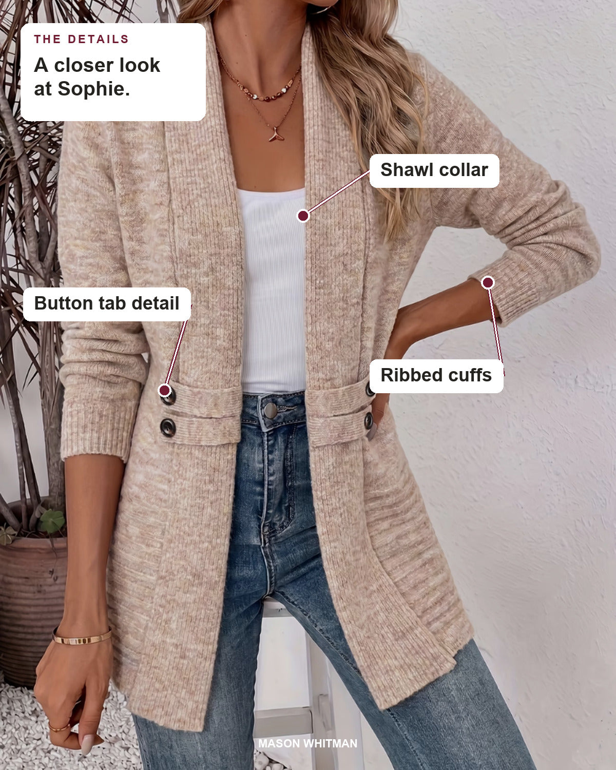 Sophie | Cosy Knitted Summer Cardigan details: Shawl collar, Button tab detail, Ribbed cuffs.