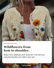 Tansy editorial styling card: Button front, Wildflower print, Floral hem.
