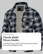 Tucker jacket editorial card: classic collar, chest pockets, fleece lining.