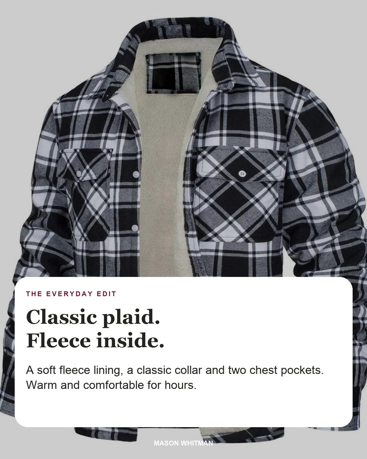 Tucker jacket editorial card: classic collar, chest pockets, fleece lining.