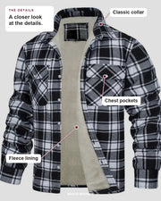 Tucker jacket details: classic collar, chest pockets, fleece lining.
