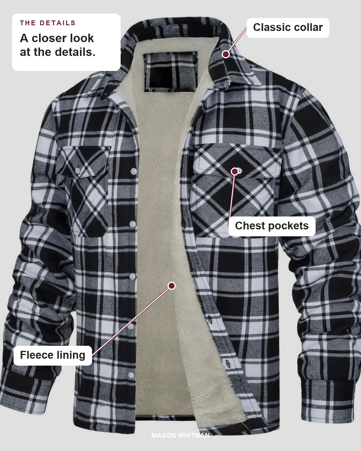 Tucker jacket details: classic collar, chest pockets, fleece lining.