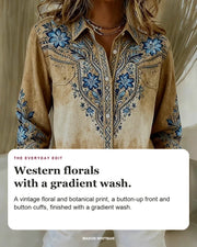 Tucson blouse editorial card: western floral print, button-up front, button cuffs.