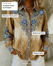 Tucson blouse details: western floral print, button-up front, button cuffs.