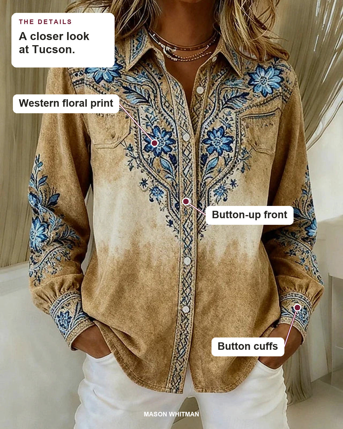 Tucson blouse details: western floral print, button-up front, button cuffs.